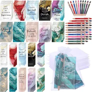 Sinmoe 120 Pcs Bible Gifts Set Include Bible Verses Bookmarks Scripture Ballpoint Pens Christian Notebooks White Organza Bags for Women Party Decoration(Elegant Color,Marble)