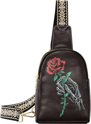 Skull Hand Rose Mini Crossbody Bag with Full-Print PU Leather Fashion Waist Pack with Adjustable Strap & Card Holder Great for Hiking Fishing Beach Travel & More