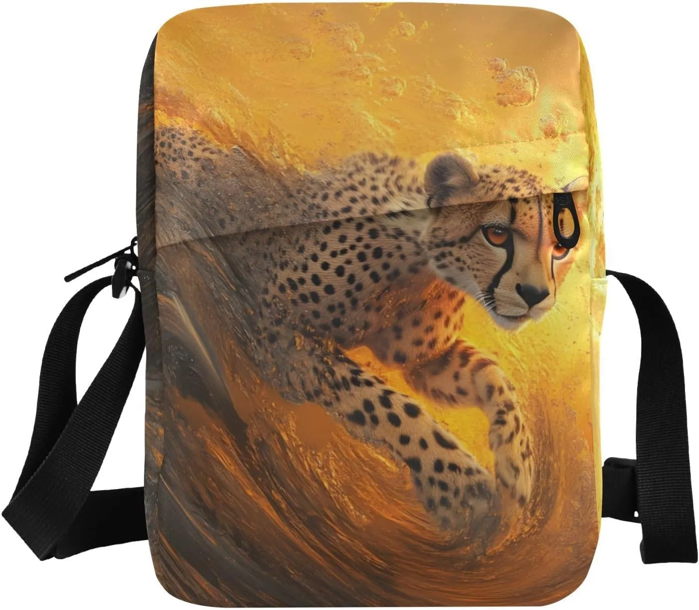 Sling Bag for Women Men, Zipper Closure Crossbody Bags Surfing Cheetah Print with Card Phone Passport Compartment 6.6×9.4×2.5 inches
