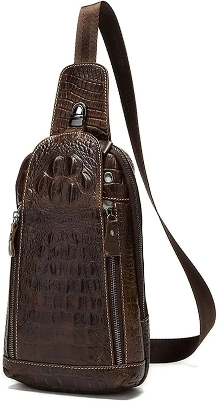 Sling Bag Pattern Cowhide Leather Shoulder Crossbody Chest Pack Travel Hiking Daypacks