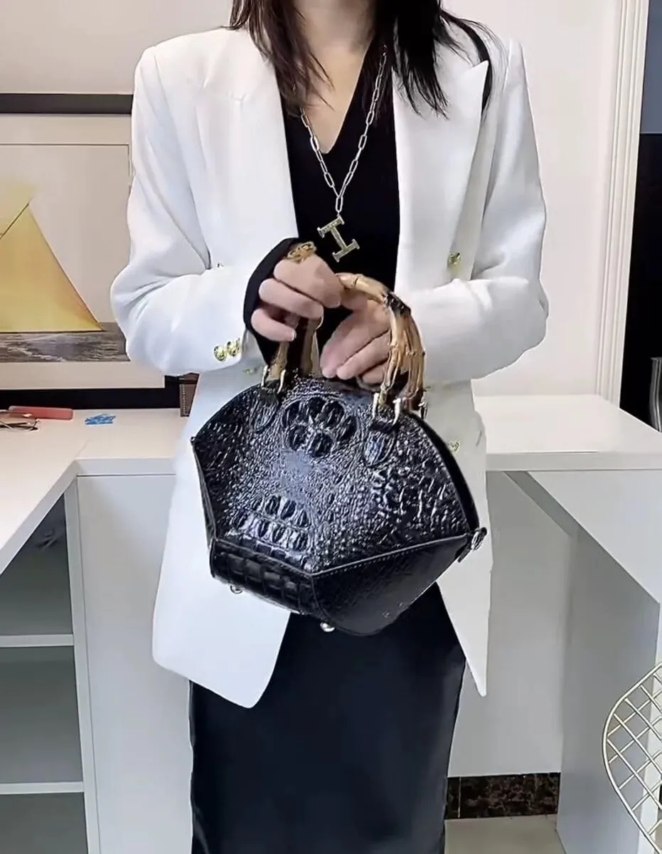 Small Clamshell Purses Bag For Women Bamboo Top-Handle Satchel Handbags Shoulder Crossbody Crocodile Pattern Leather Bags