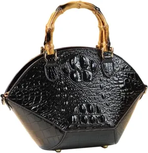 Small Clamshell Purses Bag For Women Bamboo Top-Handle Satchel Handbags Shoulder Crossbody Crocodile Pattern Leather Bags