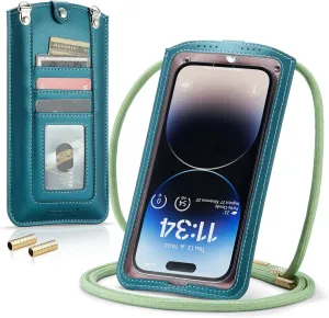 Small Crossbody Bag Cell Phone Purse for Women Men Leather Mini Shoulder Bag Wallet Case with Card Holder Slot Necklace Lanyard for All Smartphones iPhone Samsung Google Moto up to 7.3" Green