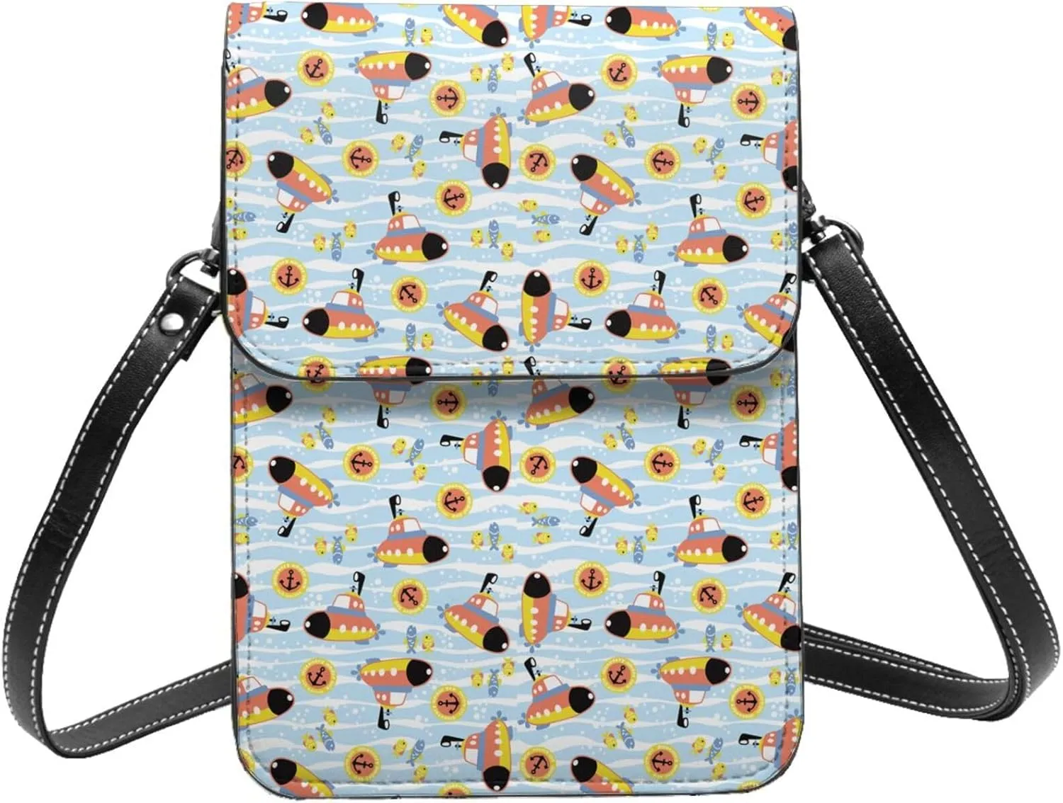 Small Crossbody Bags for Women, Leather Submarine With Fishes Undersea Cell Phone Cross Body Bag Wallet Purses