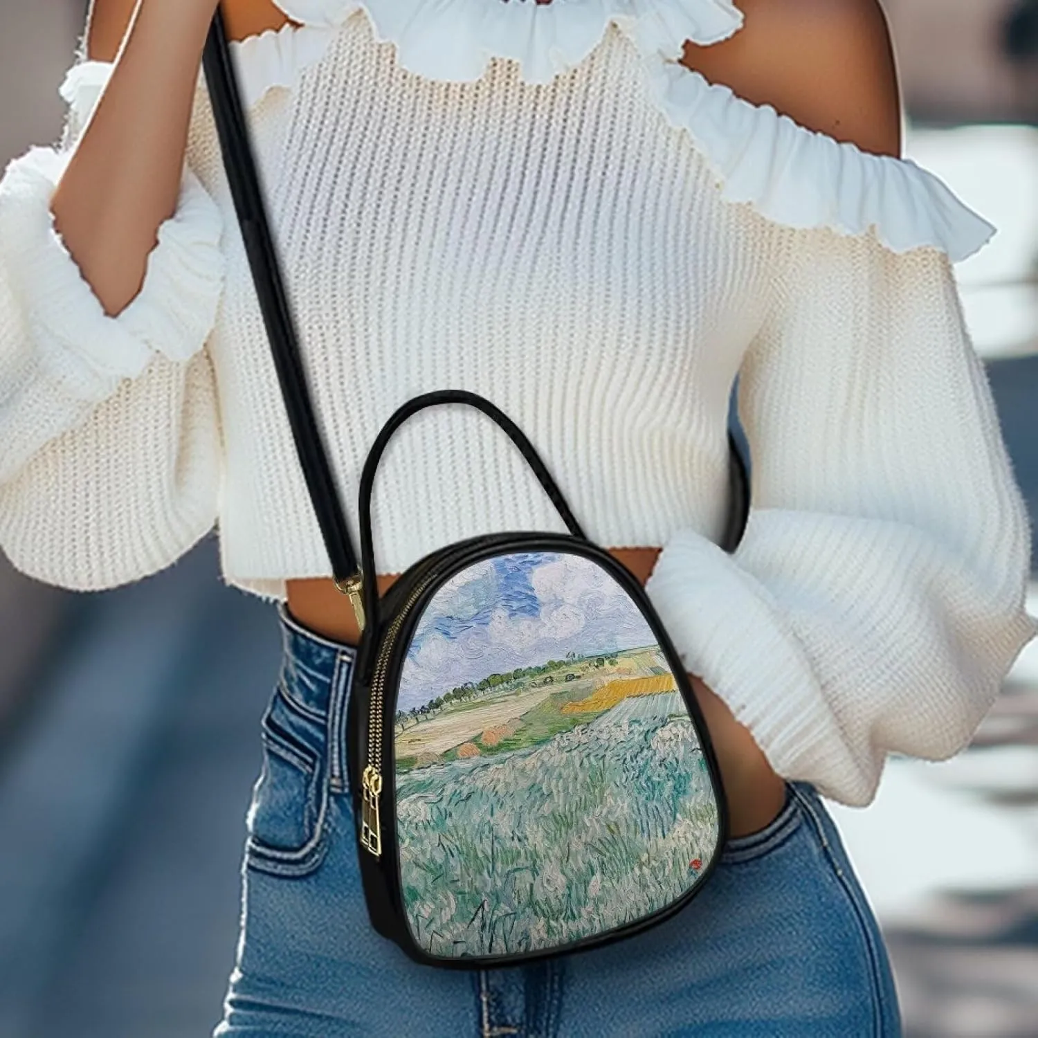 Small Crossbody Purse Bag for Women Travel, Van Gogh Monet Sling Handbag PU Leather Phone Holder for Art Lover
