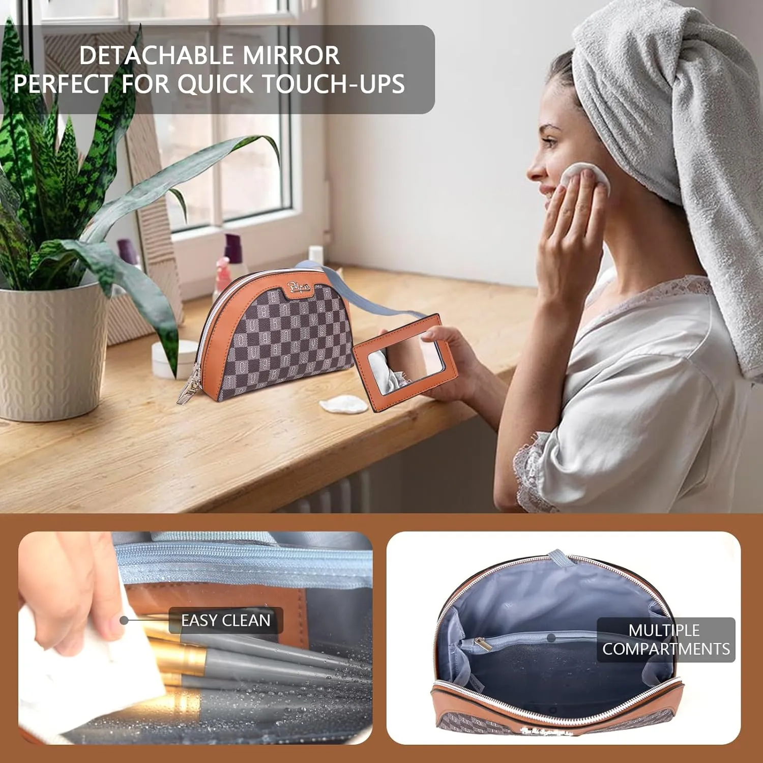 Small Makeup Bag for Purse Cosmetic Bag: Checkered Make up Bag for Women - Cute Preppy Skincare Bags for Evening - Waterproof Travel Pouch for Toiletry Organizer with Mirror & Zipper(020-Brown)