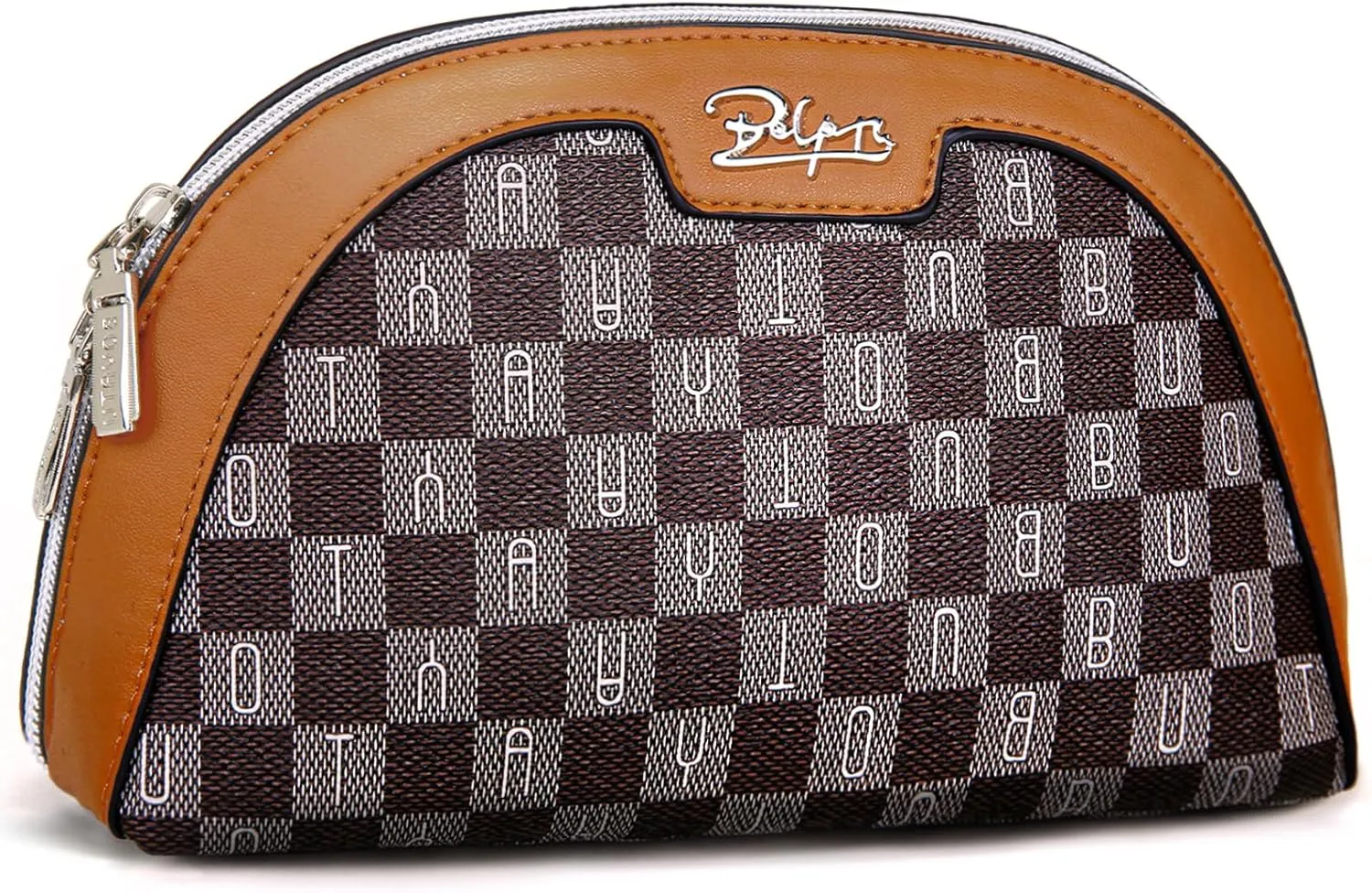 Small Makeup Bag for Purse Cosmetic Bag: Checkered Make up Bag for Women - Cute Preppy Skincare Bags for Evening - Waterproof Travel Pouch for Toiletry Organizer with Mirror & Zipper(020-Brown)