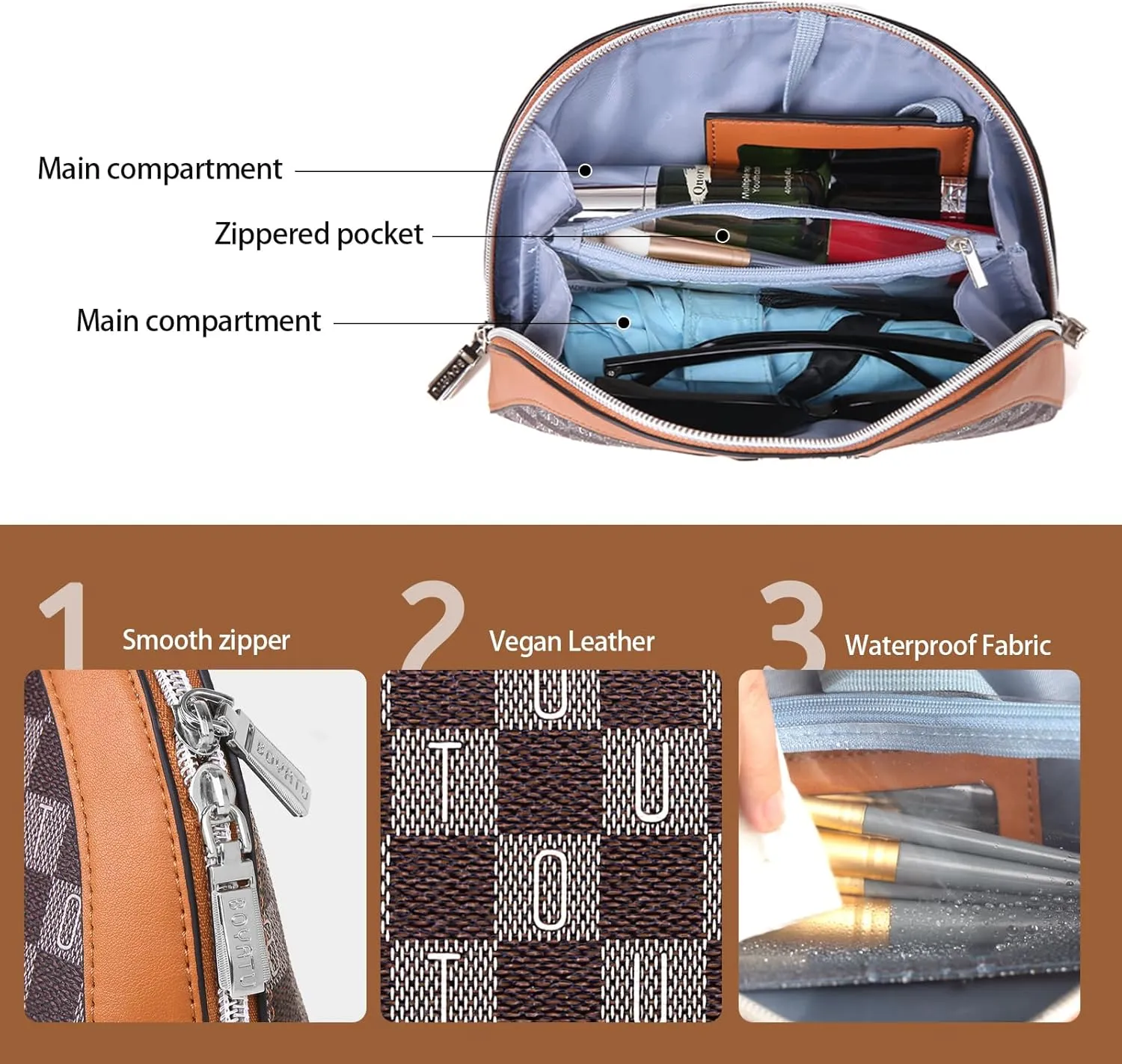 Small Makeup Bag for Purse Cosmetic Bag: Checkered Make up Bag for Women - Cute Preppy Skincare Bags for Evening - Waterproof Travel Pouch for Toiletry Organizer with Mirror & Zipper(020-Brown)