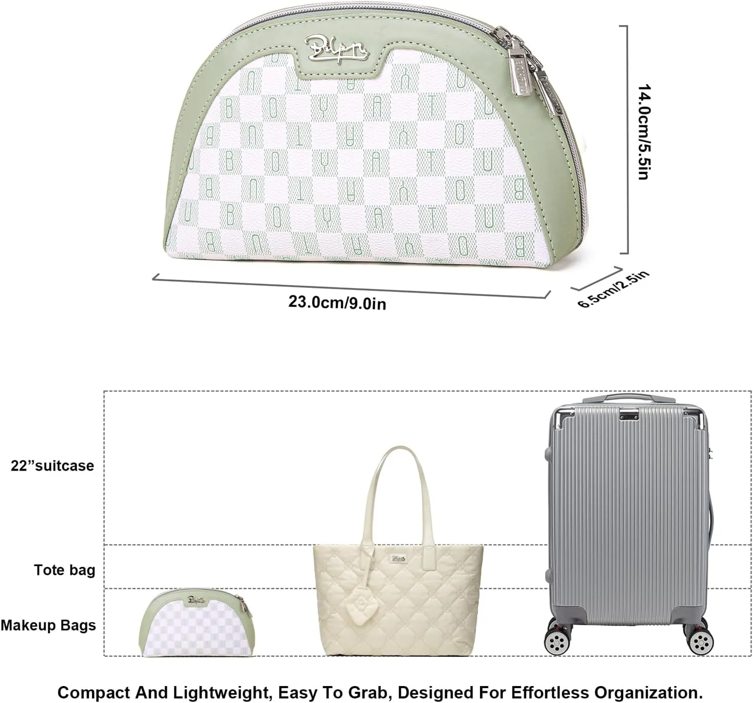 Small Makeup Bag for Purse Cosmetic Bag: Checkered Make up Bag for Women - Cute Preppy Skincare Bags for Evening - Waterproof Travel Pouch for Toiletry Organizer with Mirror & Zipper(022-Green)