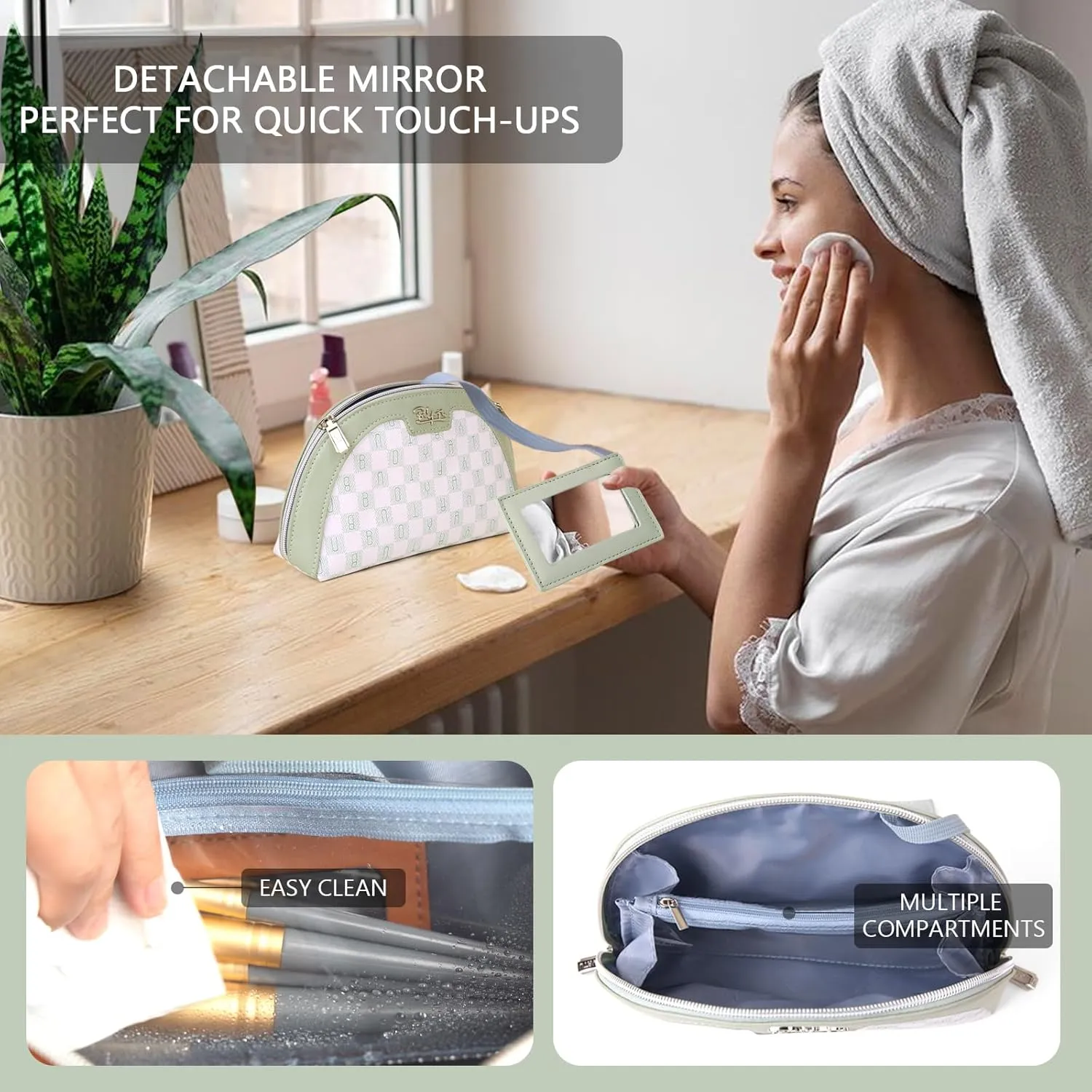 Small Makeup Bag for Purse Cosmetic Bag: Checkered Make up Bag for Women - Cute Preppy Skincare Bags for Evening - Waterproof Travel Pouch for Toiletry Organizer with Mirror & Zipper(022-Green)