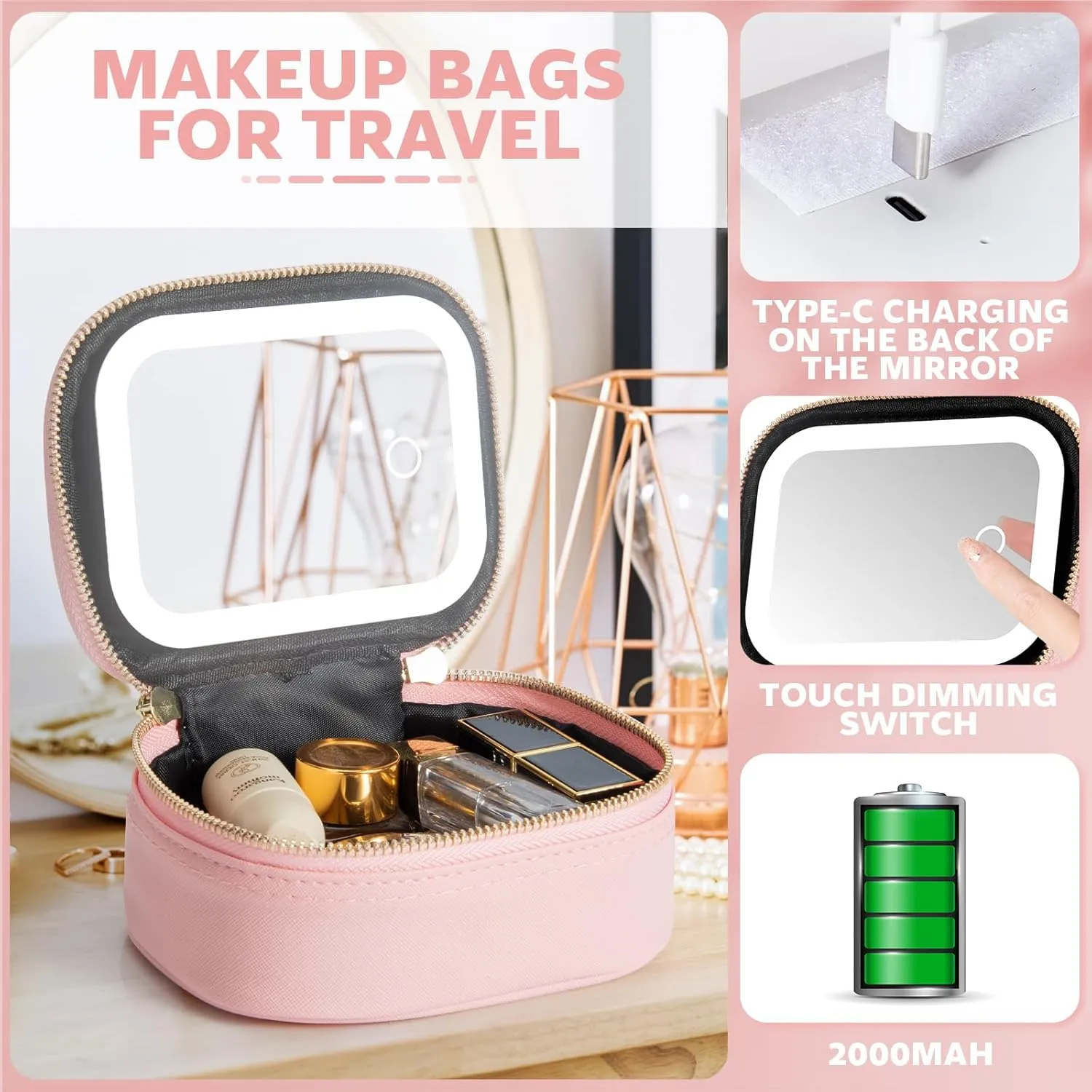 Small Makeup Bag Travel Train Case with Mirror and Light Mini Travel Makeup Train Case Cosmetic Organizer 3 Adjustable Brightness Toiletry Bag Portable Artist Storage
