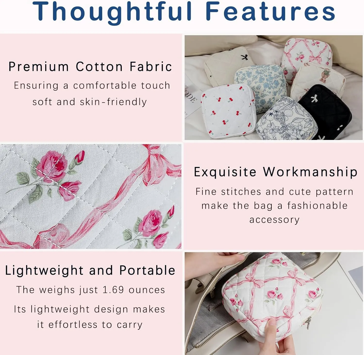 Small Quilted Cotton Makeup Bag for Purse, Cosmetic Bag with Compartments, Cotton Aesthetic Makeup Bag, Travel Toiletry Pouch, Key Pocket Lipstick Bag Card Holder Data Cable Organizer (04Pink Bow)