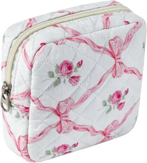 Small Quilted Cotton Makeup Bag for Purse, Cosmetic Bag with Compartments, Cotton Aesthetic Makeup Bag, Travel Toiletry Pouch, Key Pocket Lipstick Bag Card Holder Data Cable Organizer (04Pink Bow)
