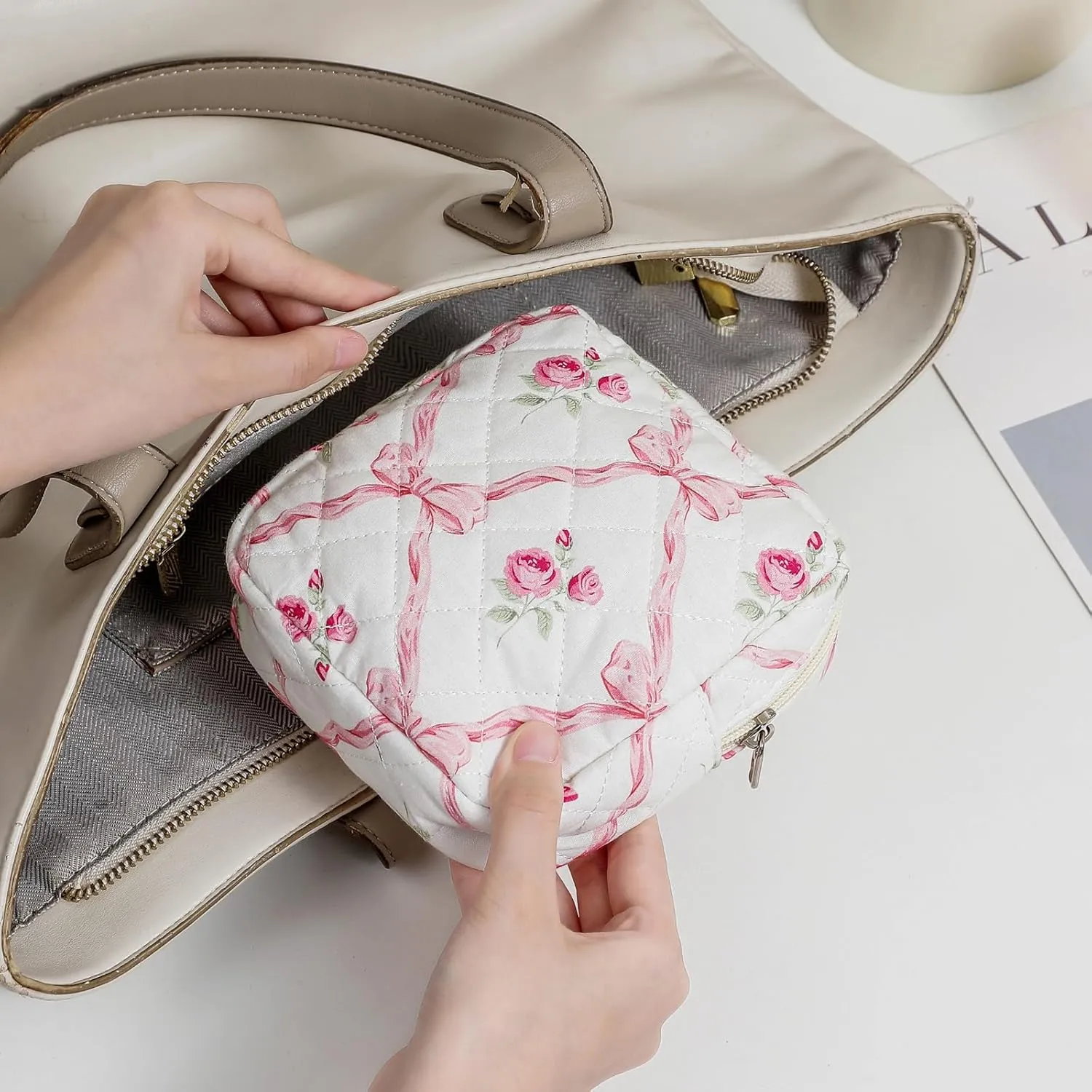 Small Quilted Cotton Makeup Bag for Purse, Cosmetic Bag with Compartments, Cotton Aesthetic Makeup Bag, Travel Toiletry Pouch, Key Pocket Lipstick Bag Card Holder Data Cable Organizer (04Pink Bow)