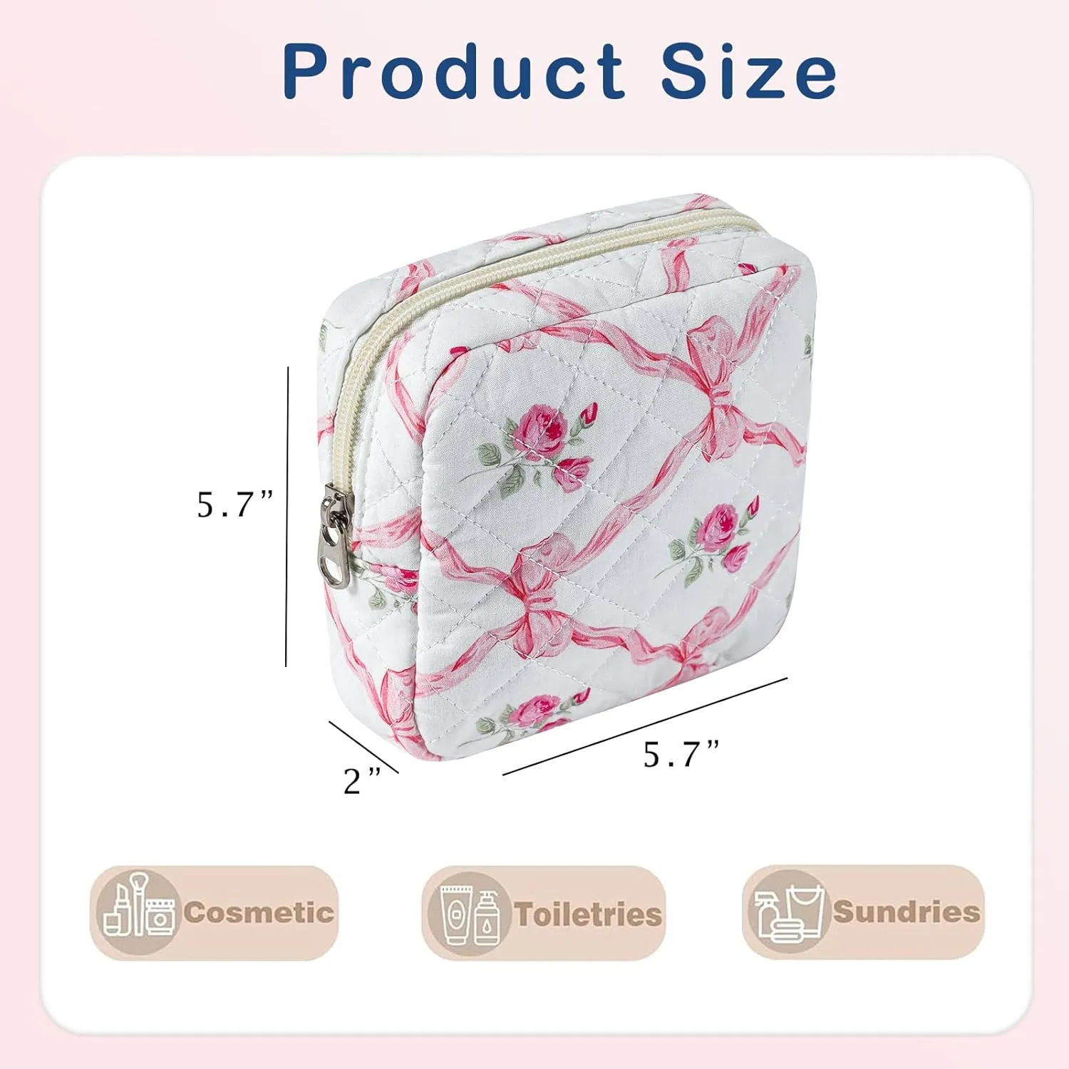 Small Quilted Cotton Makeup Bag for Purse, Cosmetic Bag with Compartments, Cotton Aesthetic Makeup Bag, Travel Toiletry Pouch, Key Pocket Lipstick Bag Card Holder Data Cable Organizer (04Pink Bow)