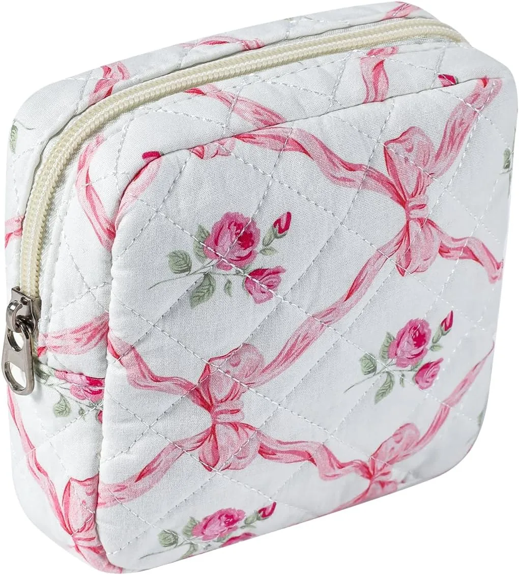 Small Quilted Cotton Makeup Bag for Purse, Cosmetic Bag with Compartments, Cotton Aesthetic Makeup Bag, Travel Toiletry Pouch, Key Pocket Lipstick Bag Card Holder Data Cable Organizer (04Pink Bow)