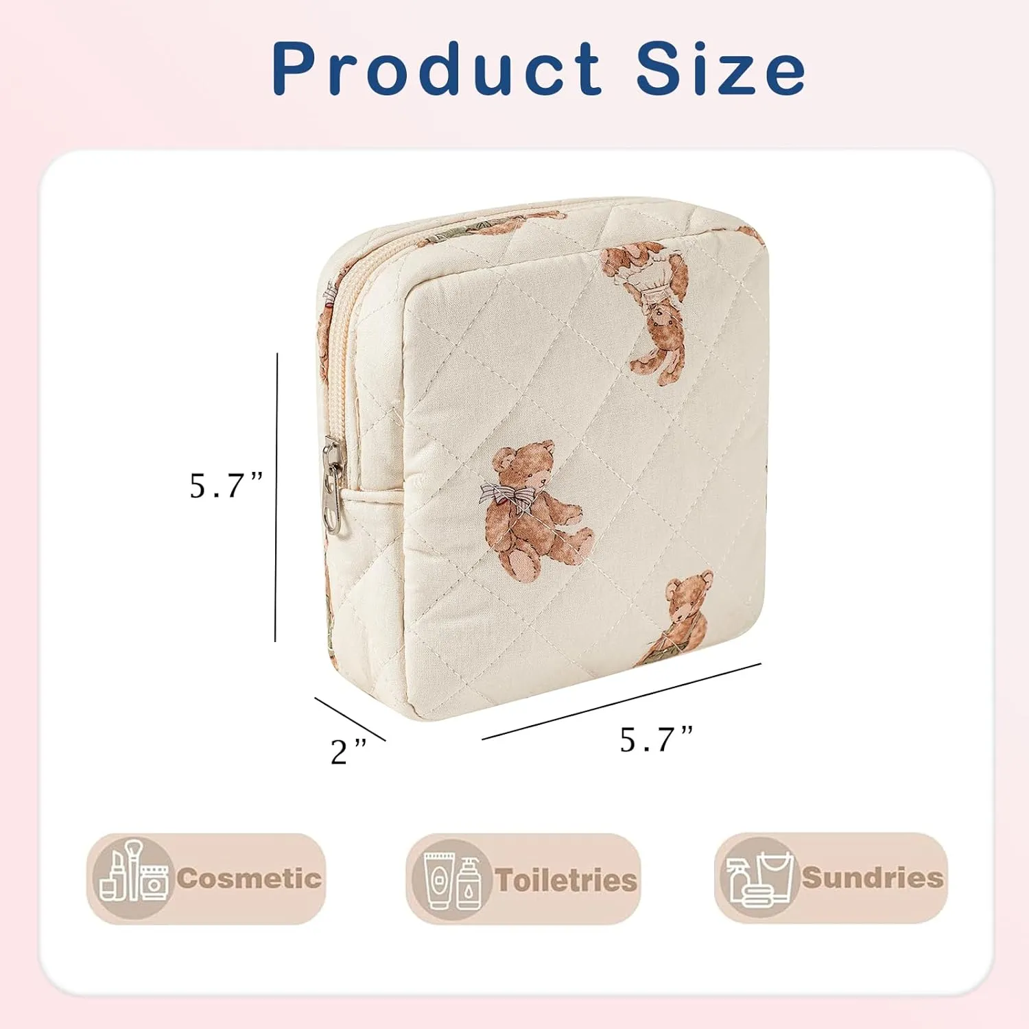 Small Quilted Cotton Makeup Bag for Purse, Cosmetic Bag with Compartments, Cotton Aesthetic Makeup Bag, Travel Toiletry Pouch, Key Pocket Lipstick Bag Card Holder Data Cable Organizer（01White Bear）