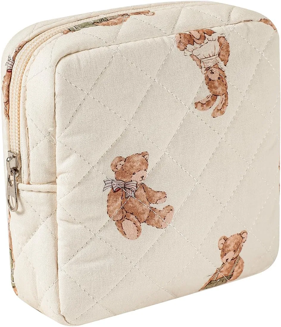 Small Quilted Cotton Makeup Bag for Purse, Cosmetic Bag with Compartments, Cotton Aesthetic Makeup Bag, Travel Toiletry Pouch, Key Pocket Lipstick Bag Card Holder Data Cable Organizer（01White Bear）