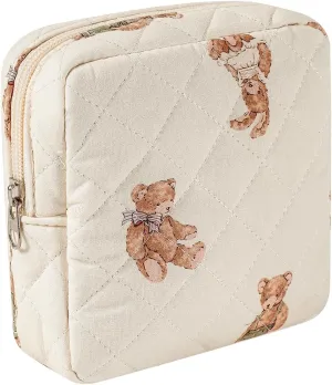 Small Quilted Cotton Makeup Bag for Purse, Cosmetic Bag with Compartments, Cotton Aesthetic Makeup Bag, Travel Toiletry Pouch, Key Pocket Lipstick Bag Card Holder Data Cable Organizer（01White Bear）