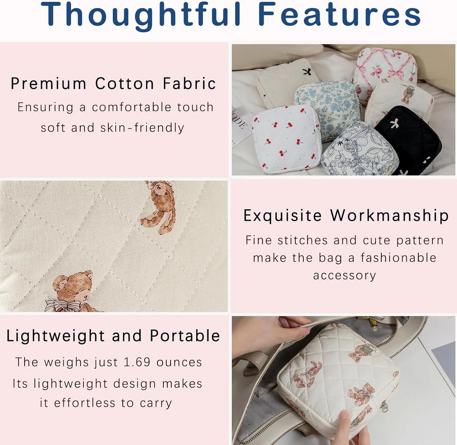 Small Quilted Cotton Makeup Bag for Purse, Cosmetic Bag with Compartments, Cotton Aesthetic Makeup Bag, Travel Toiletry Pouch, Key Pocket Lipstick Bag Card Holder Data Cable Organizer（01White Bear）