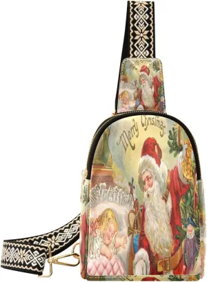 Small Sling Bag for Women Crossbody Retro Santa Claus Trendy Crossbody Bag Fashion Waist Packs Merry Christmas Leather Chest Bag for Women Fanny Pack with Guitar Strap Travel Outdoor Outfit