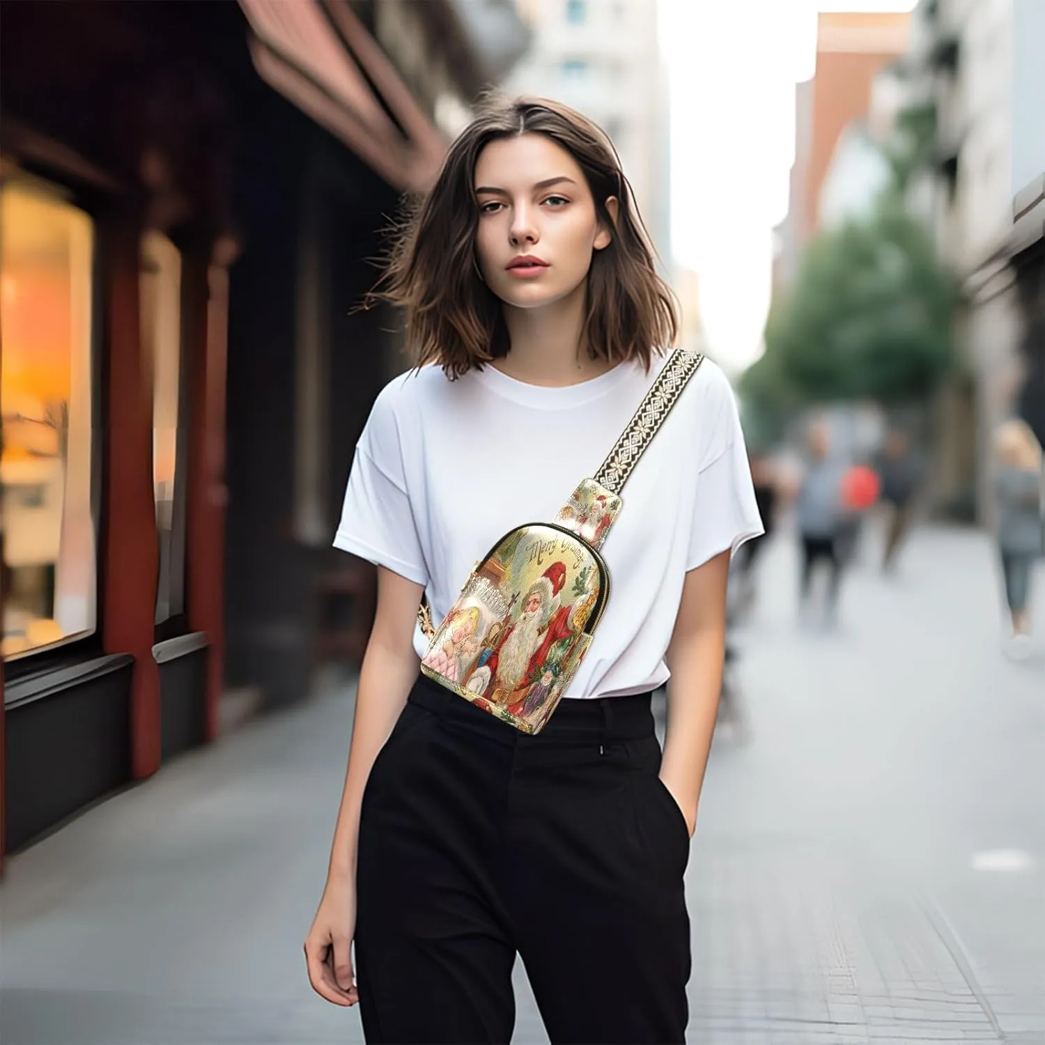 Small Sling Bag for Women Crossbody Retro Santa Claus Trendy Crossbody Bag Fashion Waist Packs Merry Christmas Leather Chest Bag for Women Fanny Pack with Guitar Strap Travel Outdoor Outfit
