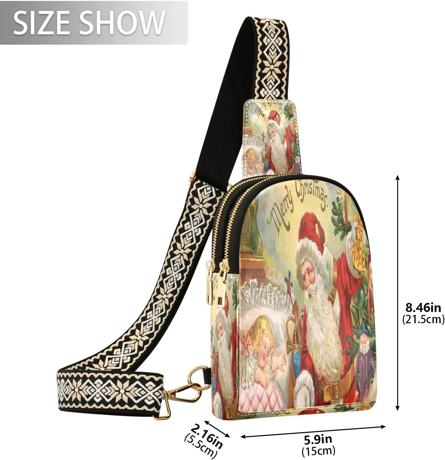 Small Sling Bag for Women Crossbody Retro Santa Claus Trendy Crossbody Bag Fashion Waist Packs Merry Christmas Leather Chest Bag for Women Fanny Pack with Guitar Strap Travel Outdoor Outfit