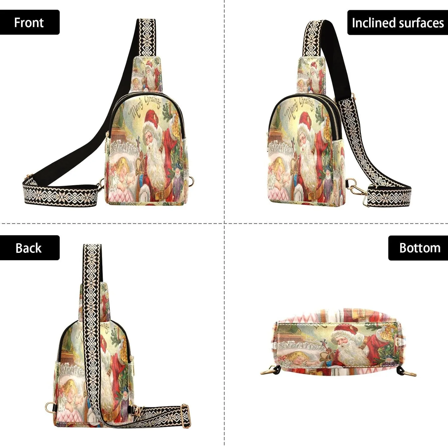 Small Sling Bag for Women Crossbody Retro Santa Claus Trendy Crossbody Bag Fashion Waist Packs Merry Christmas Leather Chest Bag for Women Fanny Pack with Guitar Strap Travel Outdoor Outfit