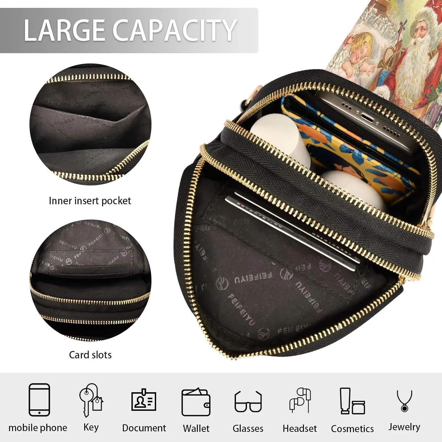 Small Sling Bag for Women Crossbody Retro Santa Claus Trendy Crossbody Bag Fashion Waist Packs Merry Christmas Leather Chest Bag for Women Fanny Pack with Guitar Strap Travel Outdoor Outfit