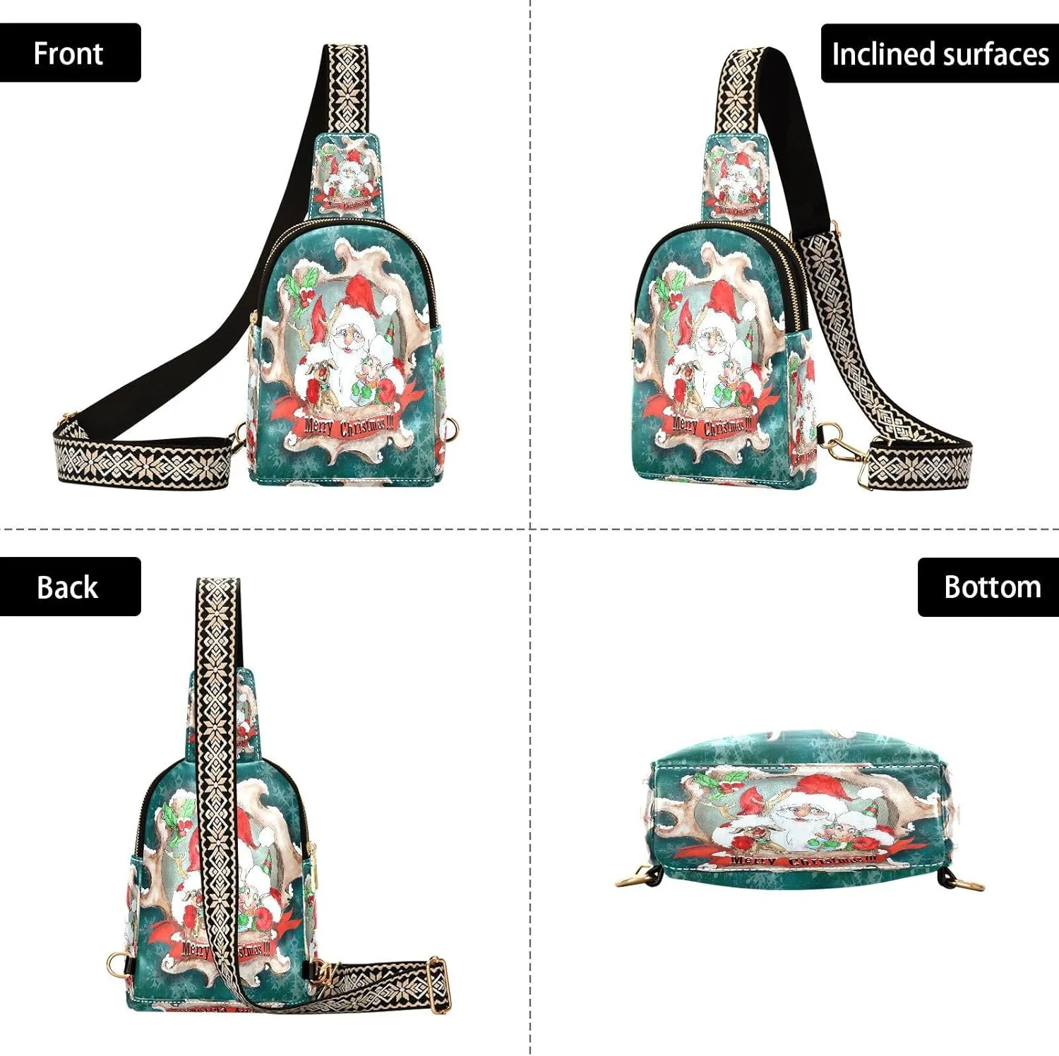 Small Sling Bag for Women Crossbody Santa Christmas Vintage Trendy Crossbody Bag Fashion Waist Packs Cute Deer Sheep Leather Chest Bag Fanny Pack with Guitar Strap Travel Outdoor Outfit