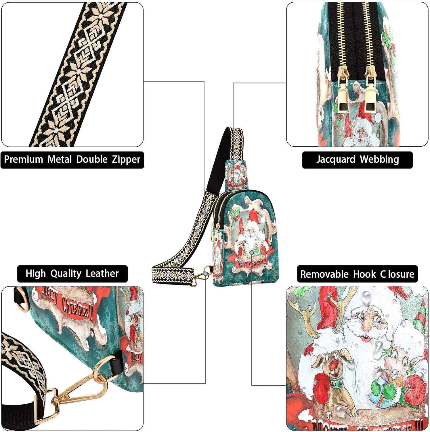 Small Sling Bag for Women Crossbody Santa Christmas Vintage Trendy Crossbody Bag Fashion Waist Packs Cute Deer Sheep Leather Chest Bag Fanny Pack with Guitar Strap Travel Outdoor Outfit