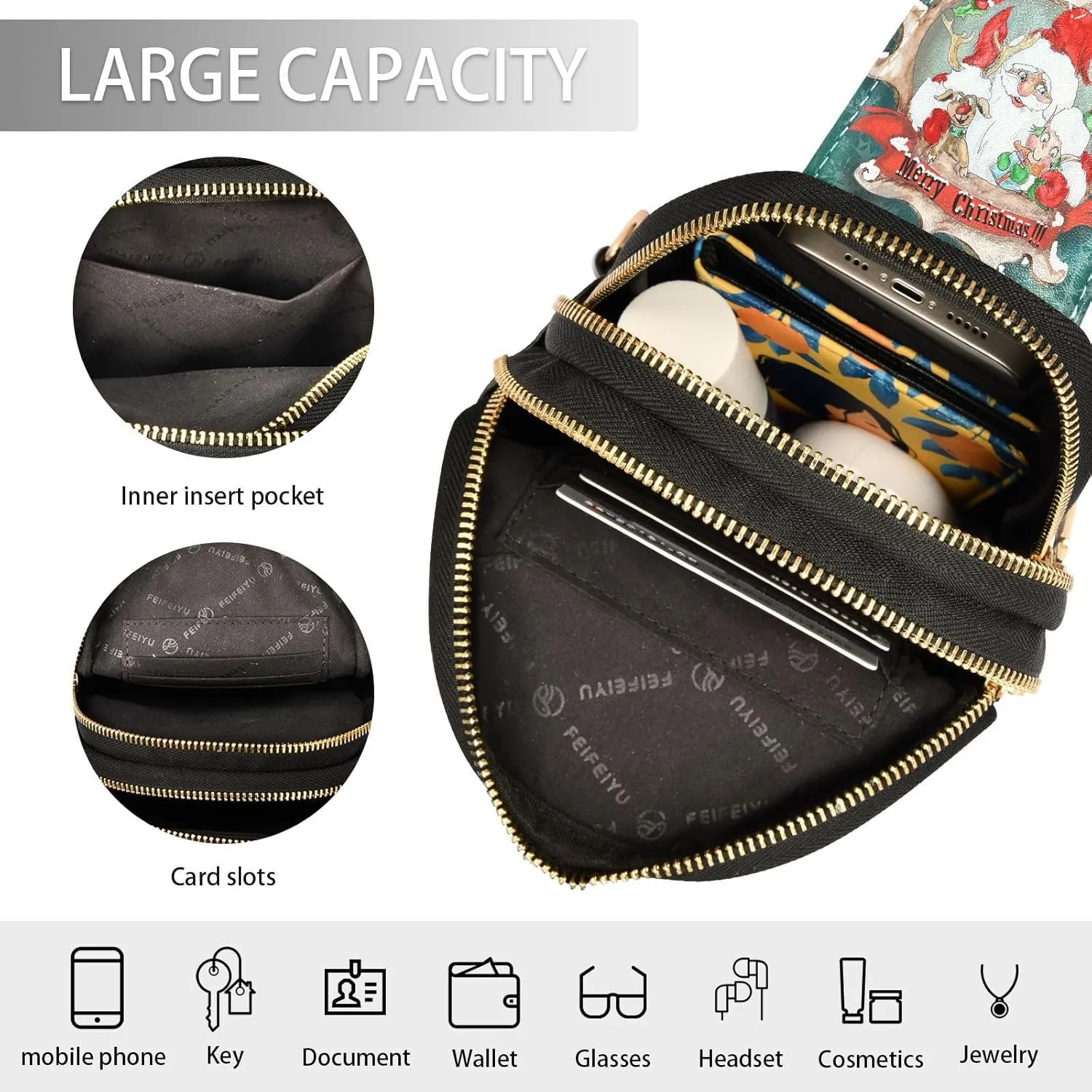 Small Sling Bag for Women Crossbody Santa Christmas Vintage Trendy Crossbody Bag Fashion Waist Packs Cute Deer Sheep Leather Chest Bag Fanny Pack with Guitar Strap Travel Outdoor Outfit