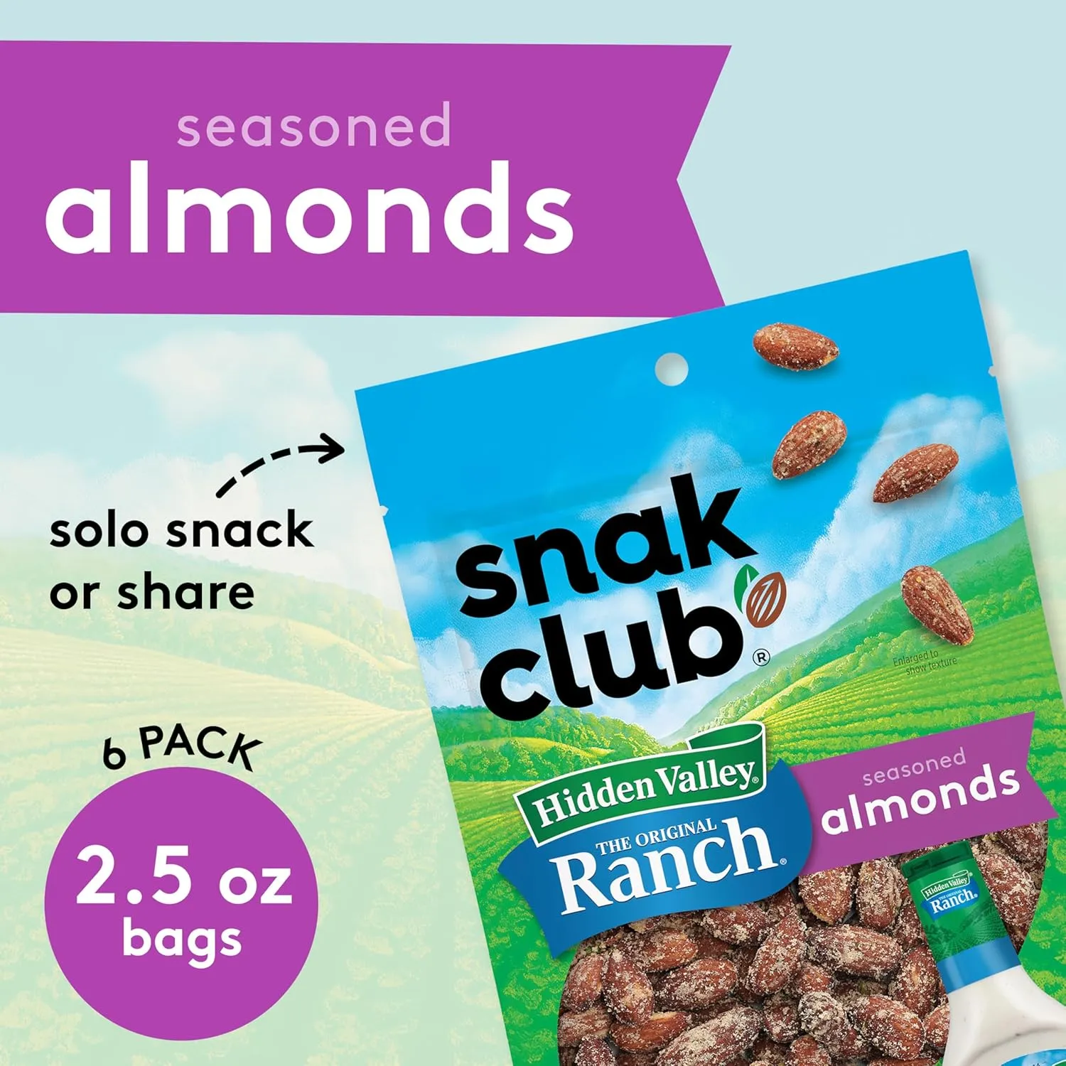 Snak Club Almonds with Hidden Valley Ranch Seasoning, Roasted Almonds, Gluten-Free and Kosher Snack, 2.5 oz Snack Bags, 6 Pack