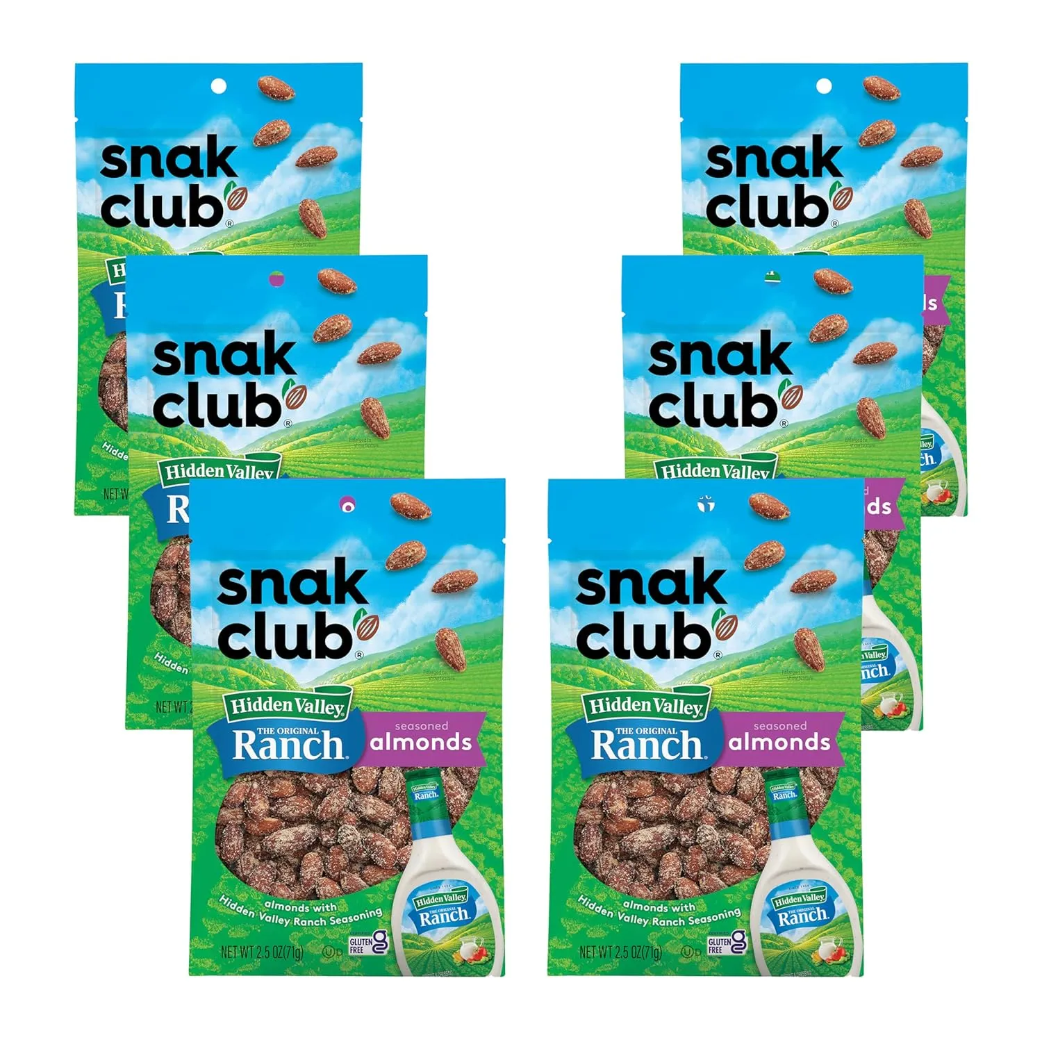 Snak Club Almonds with Hidden Valley Ranch Seasoning, Roasted Almonds, Gluten-Free and Kosher Snack, 2.5 oz Snack Bags, 6 Pack