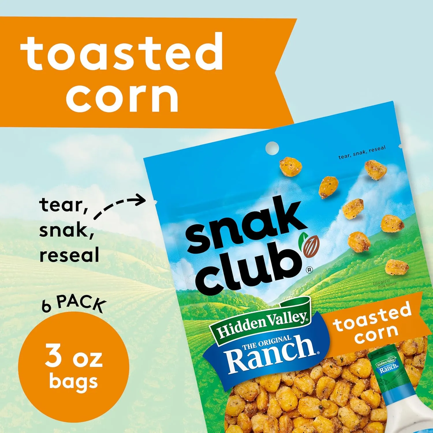 Snak Club Toasted Corn with Hidden Valley Ranch Seasoning, Roasted and Salted Corn Nuggets, Gluten-Free and Kosher Snack, 3 oz Resealable Bags, 6 Pack