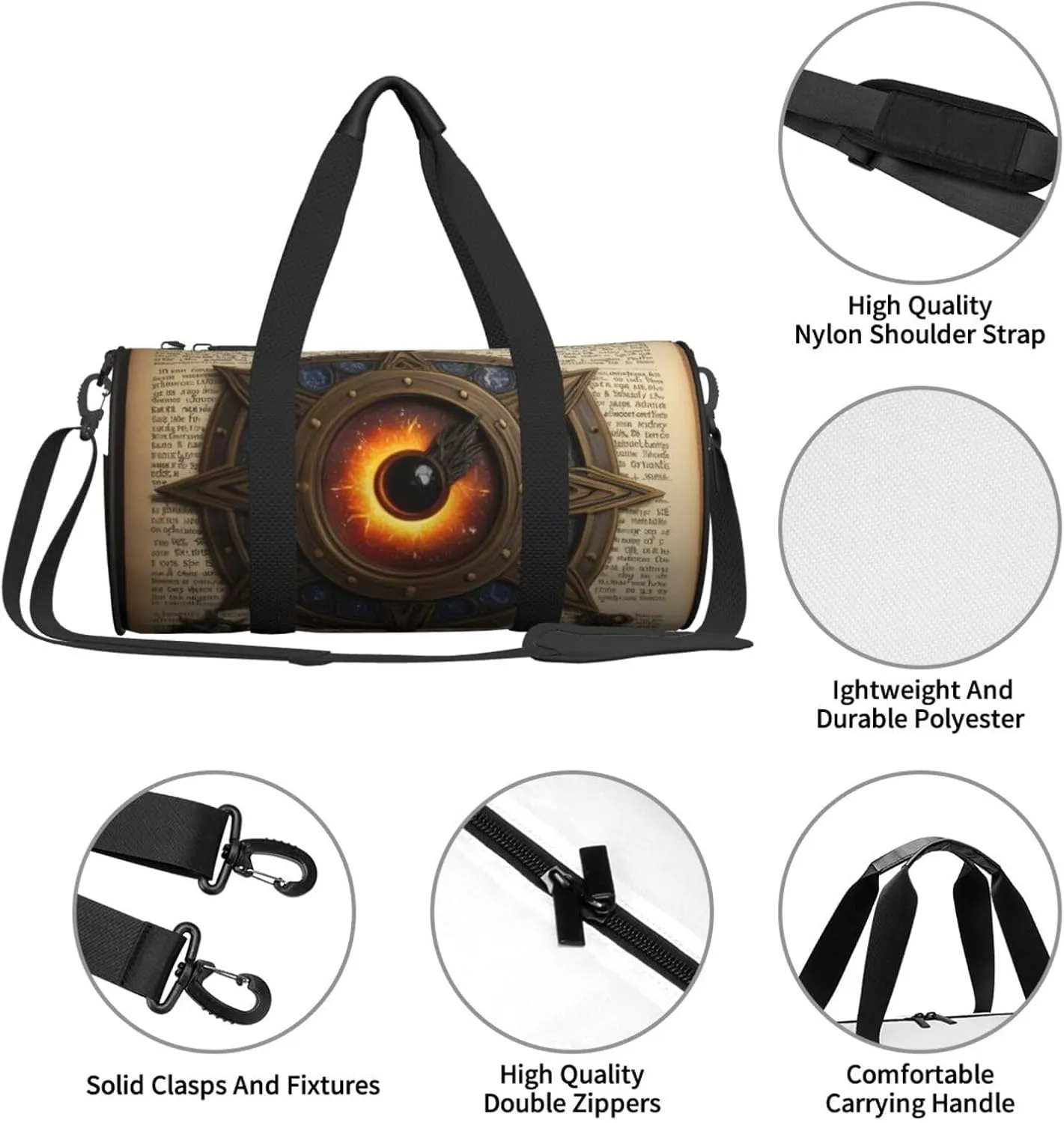 Solitude Spell Printed Travel Bag,Round Personal Item Storage bag,Foldie Duffel Bag for Traveling Vacation,Fitness,Sports