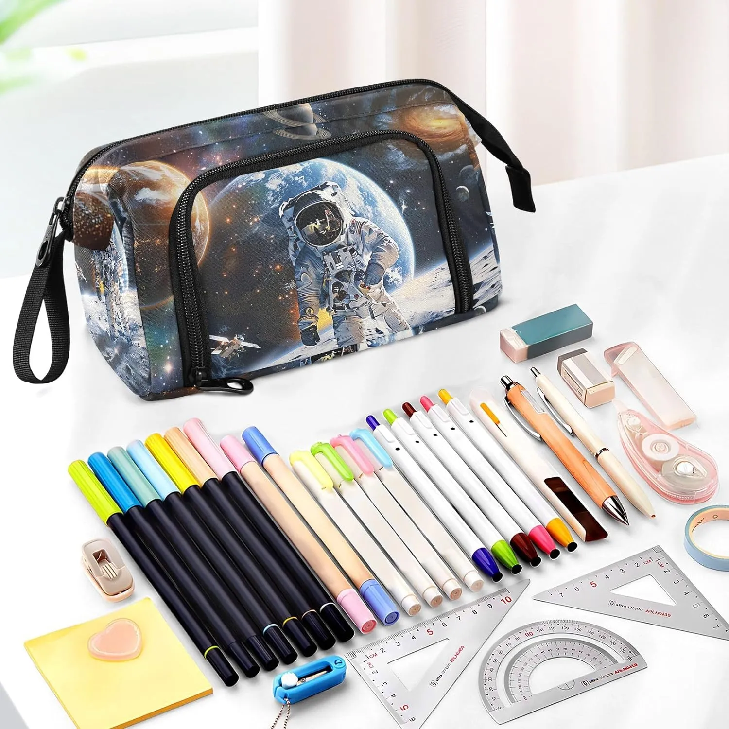 Space Planet Universe Astronaut Pencil Case Large Pencil Pouch Big Pencil Box Pen Bag Organizer Pencil Bags with Zipper for Adults Girls Kids Boys School 028