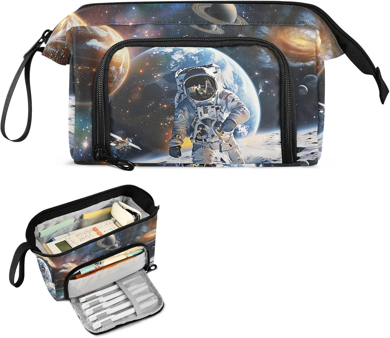 Space Planet Universe Astronaut Pencil Case Large Pencil Pouch Big Pencil Box Pen Bag Organizer Pencil Bags with Zipper for Adults Girls Kids Boys School 028