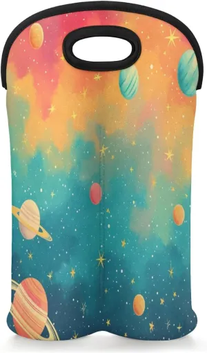 Space Theme Wine Tote Bag 2 Bottle Colorful Neoprene Wine Bags Carrire for Party Travel Restaurant Wine Accessories Gifts for Wine Lover