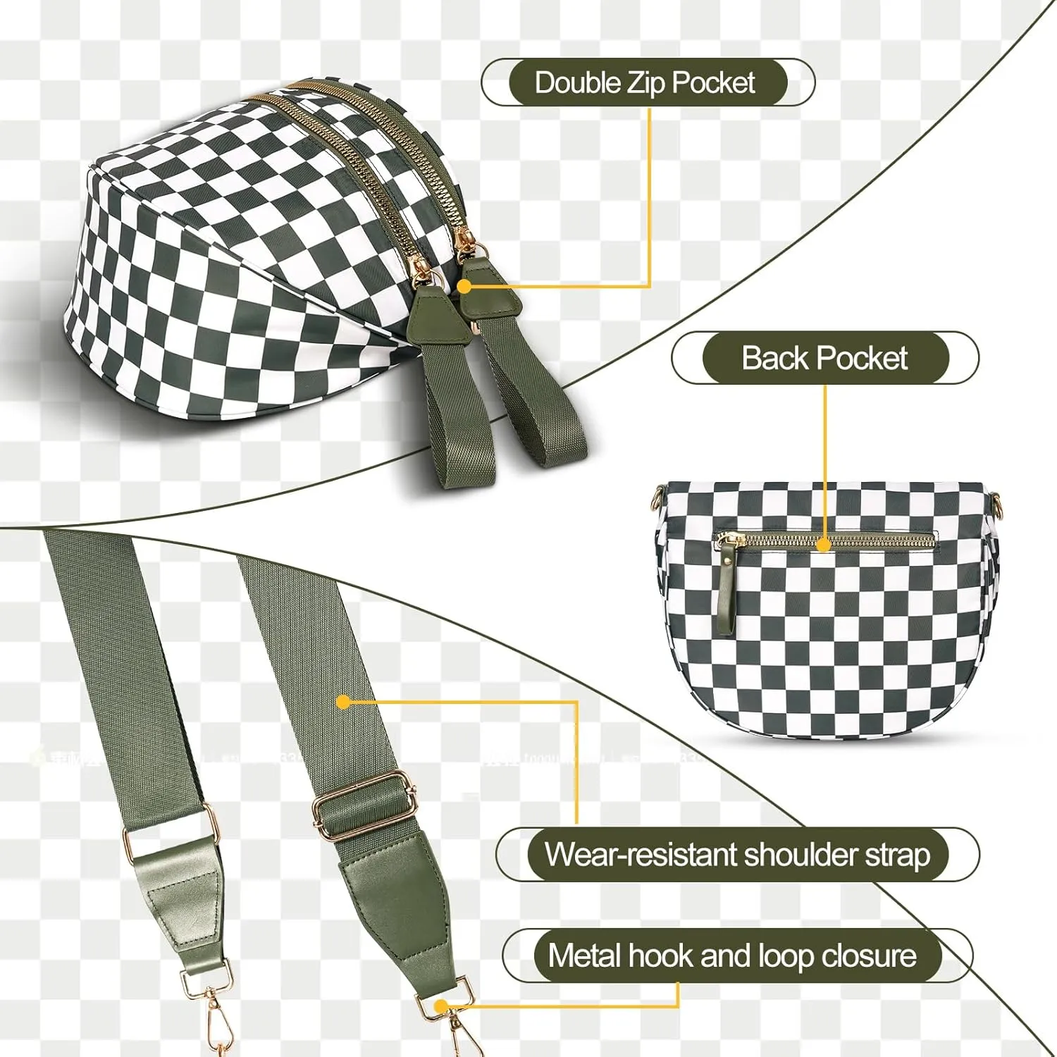 Spacious Checkered Crossbody Bum Bag，Nylon Crossbody Bag with Adjustable Strap for Women，Checkered Purse, Fanny Pack