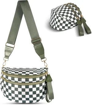 Spacious Checkered Crossbody Bum Bag，Nylon Crossbody Bag with Adjustable Strap for Women，Checkered Purse, Fanny Pack