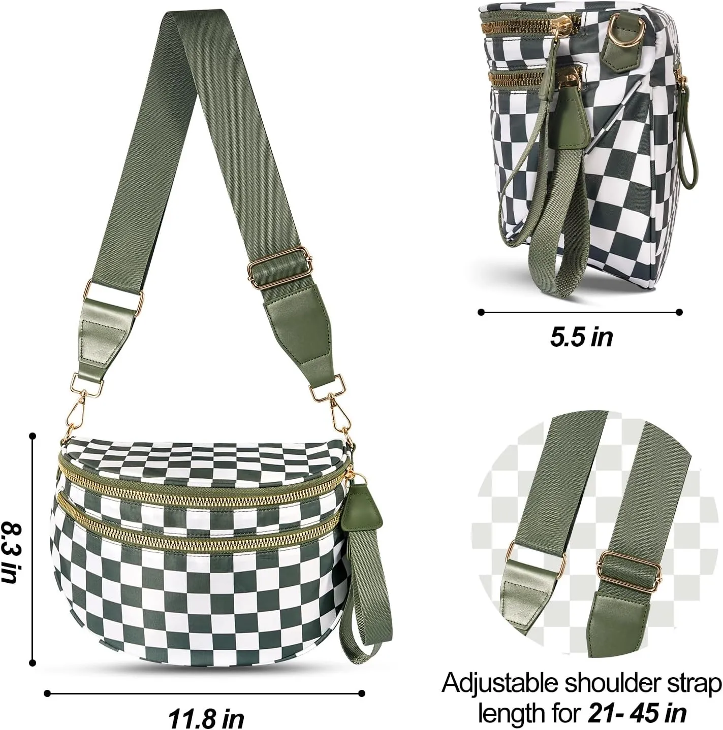 Spacious Checkered Crossbody Bum Bag，Nylon Crossbody Bag with Adjustable Strap for Women，Checkered Purse, Fanny Pack
