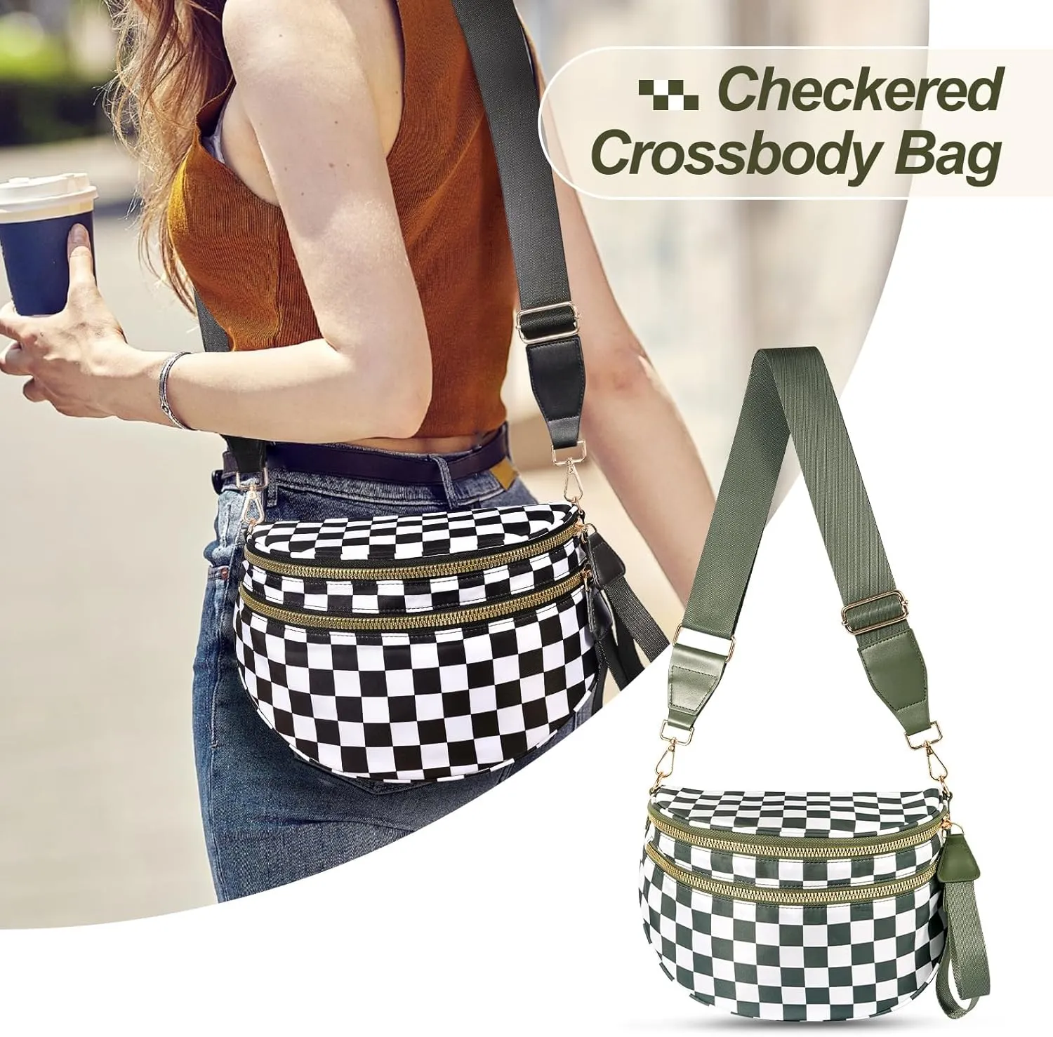 Spacious Checkered Crossbody Bum Bag，Nylon Crossbody Bag with Adjustable Strap for Women，Checkered Purse, Fanny Pack