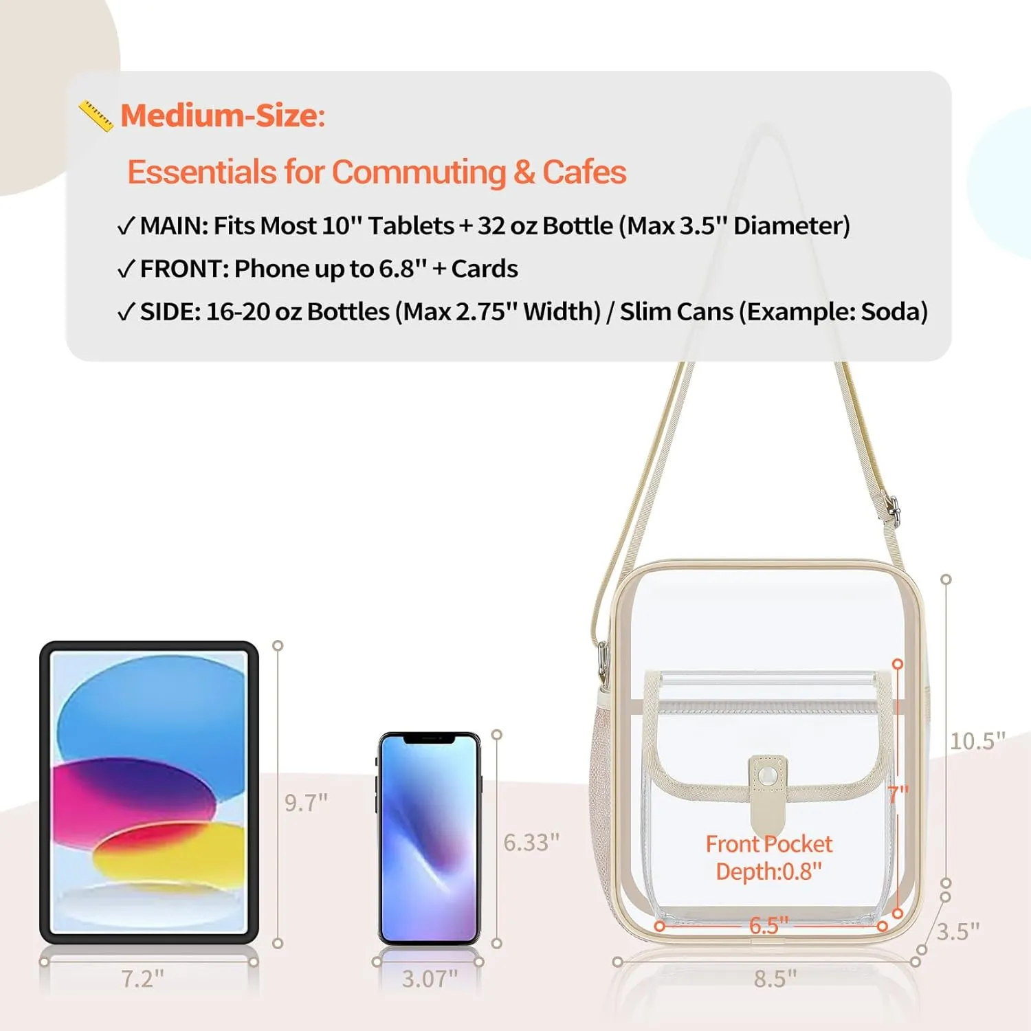 SPODEARS Clear Crossbody Bag for Stadium Events & Concerts - Adjustable Shoulder Strap Purse with 1 Bottle Holder