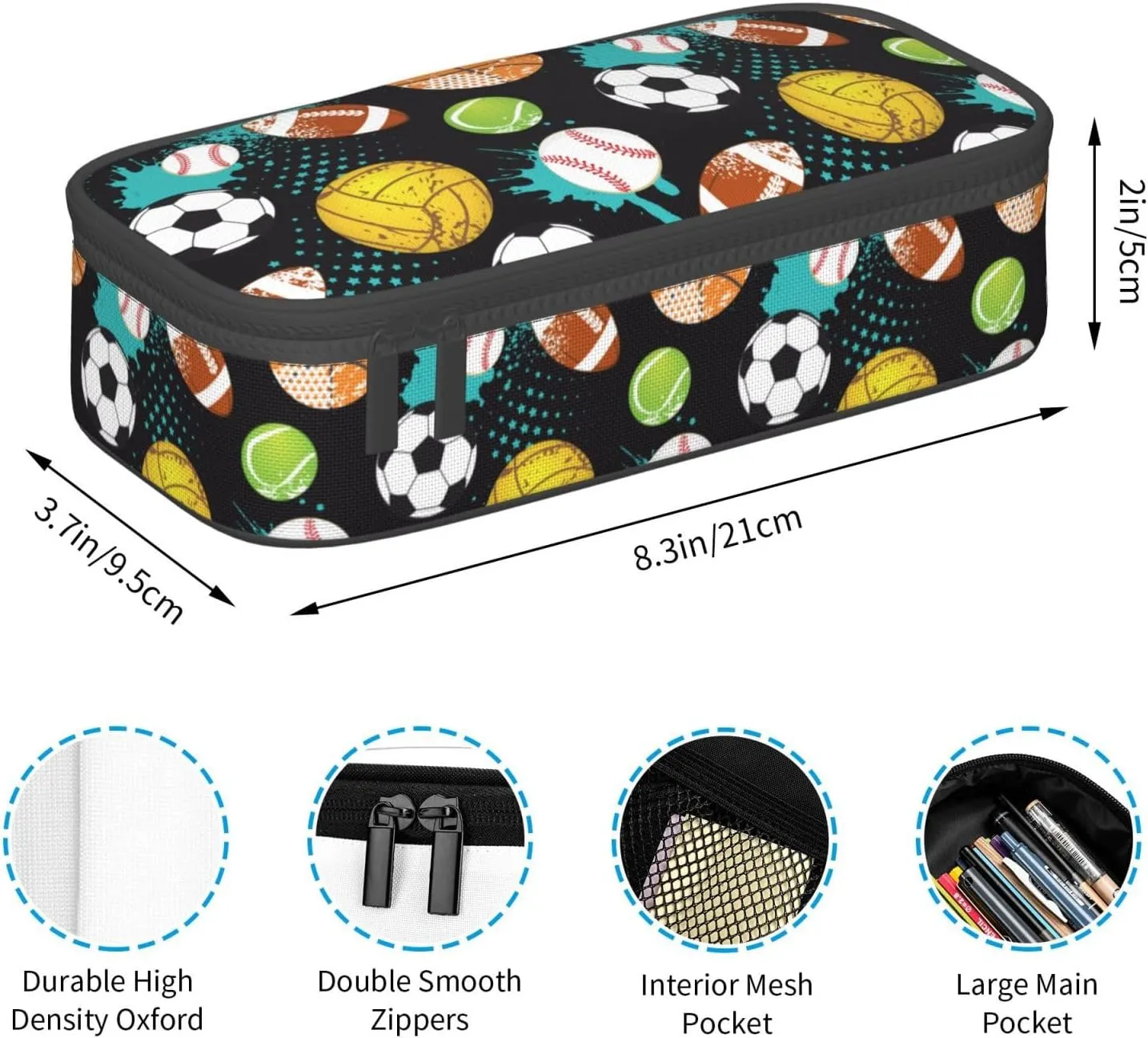 Sport Cool Ball Pattern Pencil Case Big Capacity Storage Pencil Pouch Stationery Bags With Zipper Portable Pen Holder Box Organizer For Boys Girls Teens Student College School Office Supplies