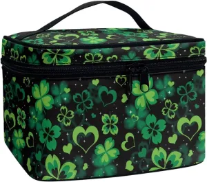 St. Patrick's Day Heart Clover Small Makeup Bag Travel Cosmetic Bag for Purse Make Up and Skin Care Organizer Bag Cute Toiletry Bag for Teens Girls for School Dormitory Essentials