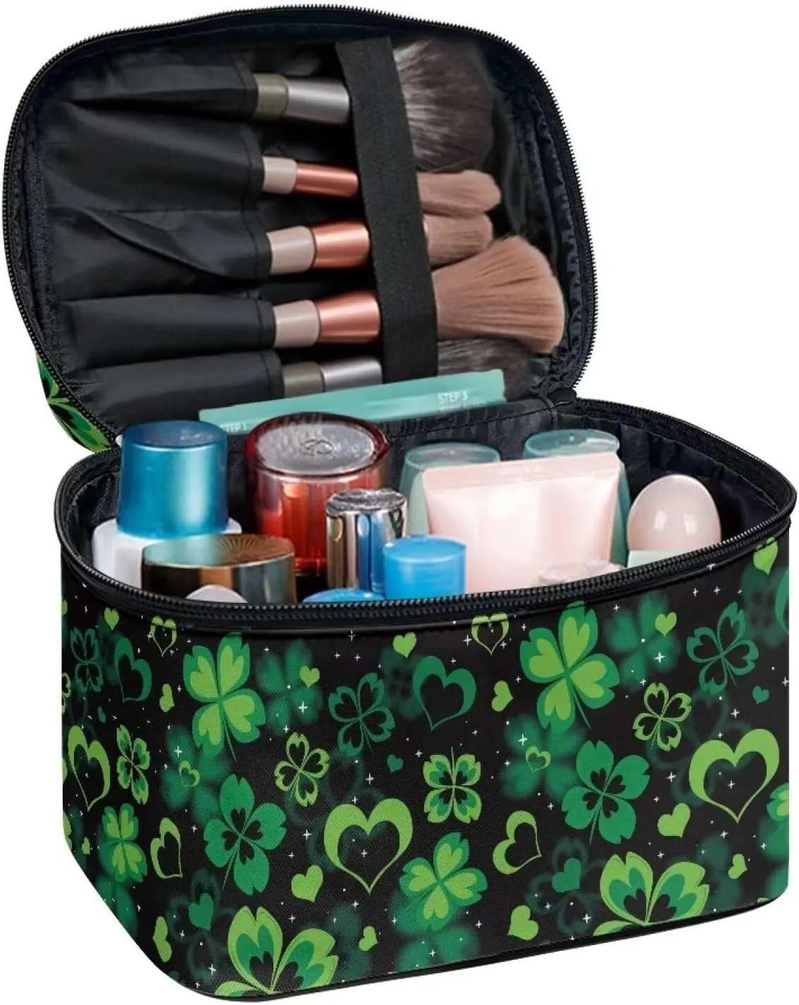 St. Patrick's Day Heart Clover Small Makeup Bag Travel Cosmetic Bag for Purse Make Up and Skin Care Organizer Bag Cute Toiletry Bag for Teens Girls for School Dormitory Essentials