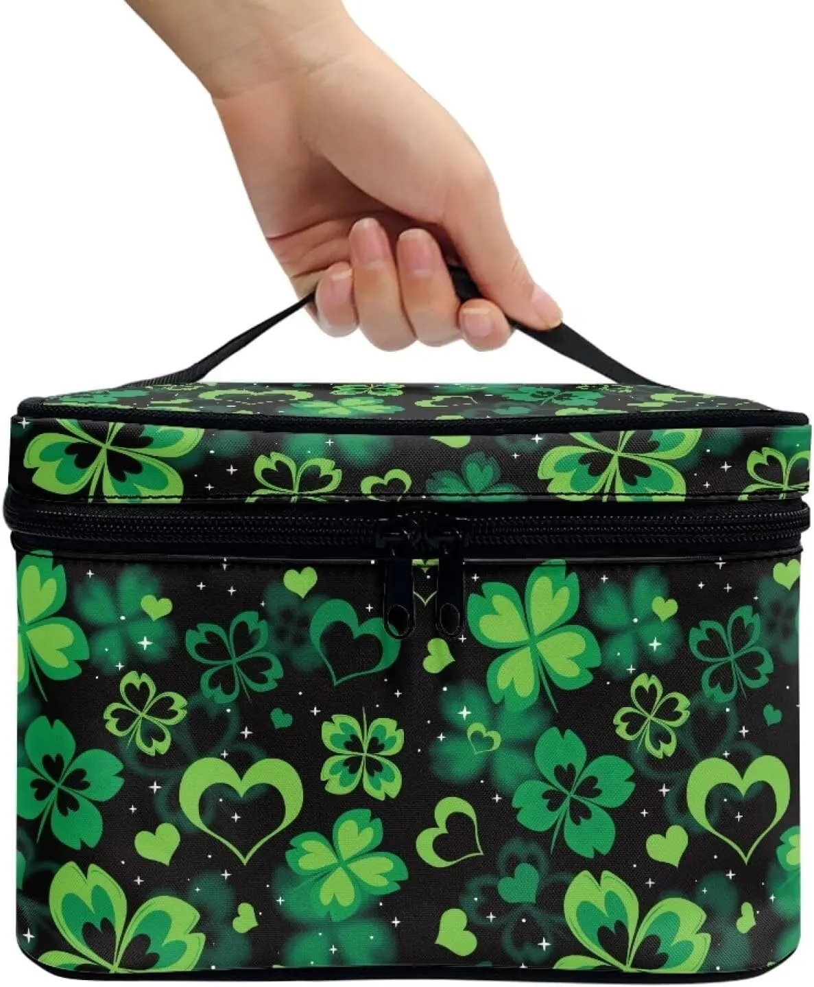 St. Patrick's Day Heart Clover Small Makeup Bag Travel Cosmetic Bag for Purse Make Up and Skin Care Organizer Bag Cute Toiletry Bag for Teens Girls for School Dormitory Essentials