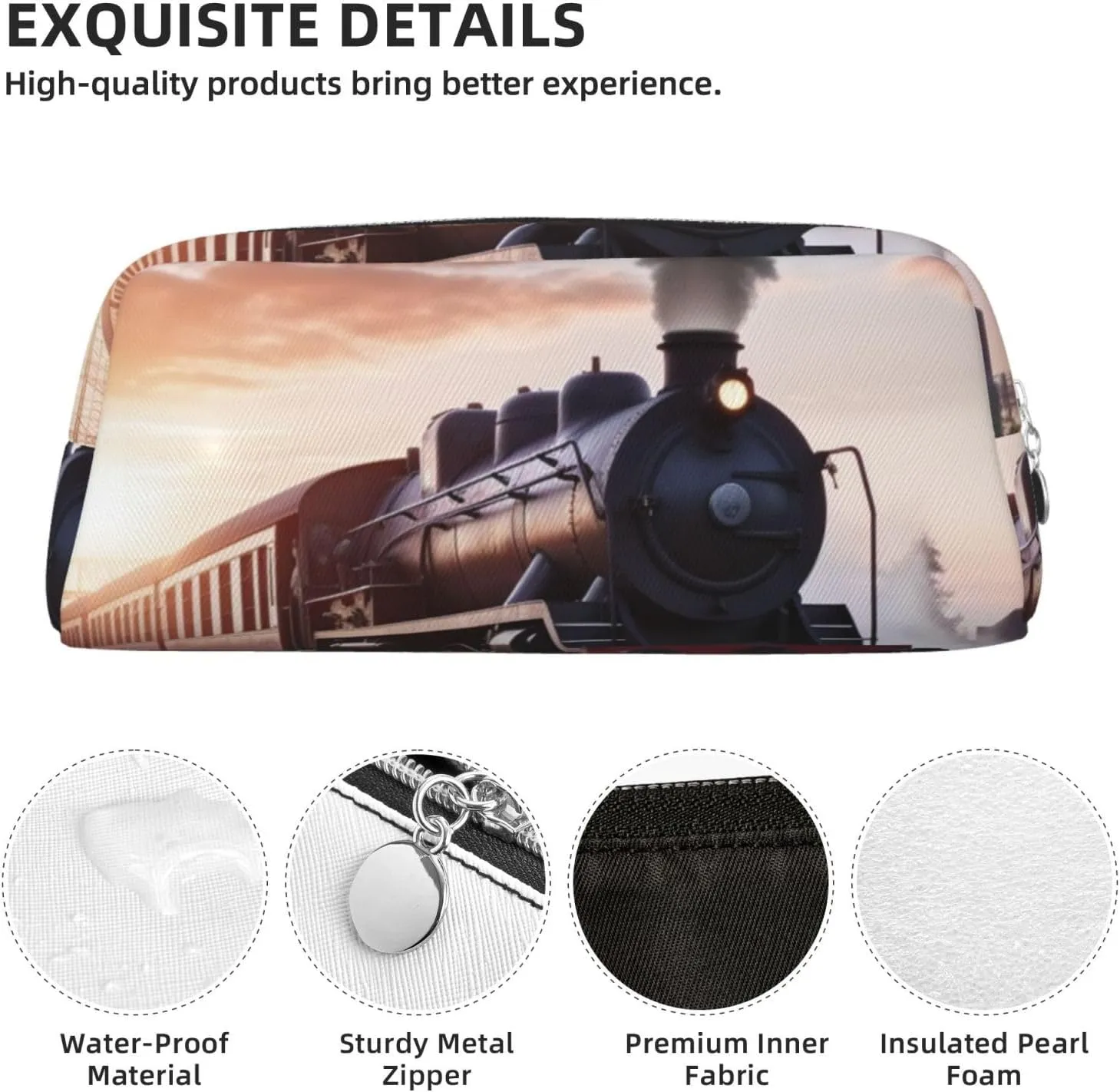 Steam Train Depart Sunset Makeup Bag for Women Men Travel Toiletry Bag Aesthetic Purse Pouch Large Pencil Case