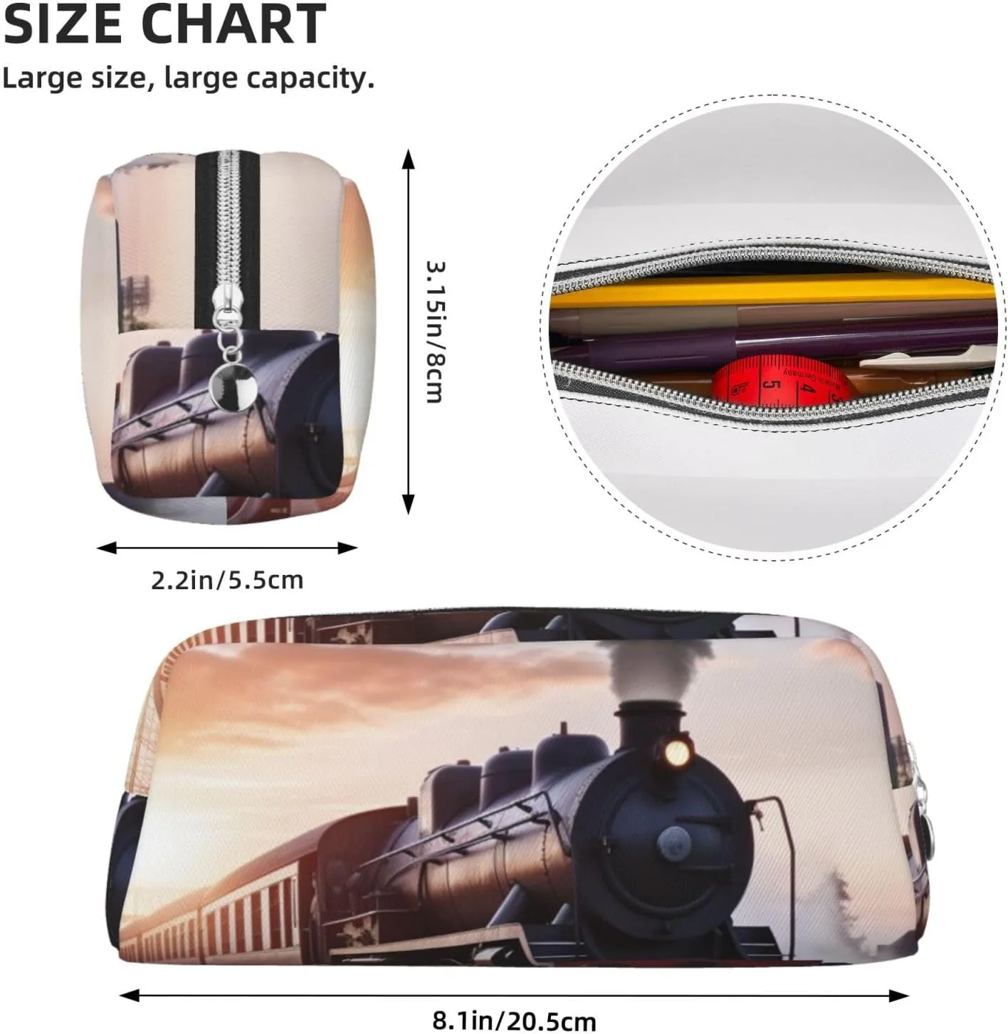 Steam Train Depart Sunset Makeup Bag for Women Men Travel Toiletry Bag Aesthetic Purse Pouch Large Pencil Case
